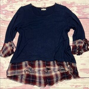Navy Blue Top with Plaid Ruffle Hem